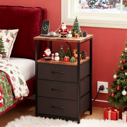 Nightstand with Charging Station, 3 Drawers & Storage Shelf