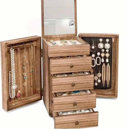 5-Layer Jewelry Storage Box with Mirror, Rustic Wooden Jewelry Organizer for Rings, Earrings & Necklaces
