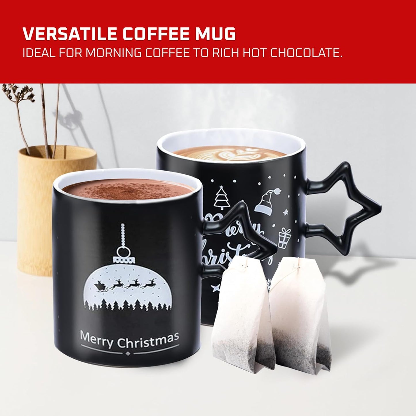 Black Coffee Mugs with Star Handle - Set of 6 Large 14 Ounce New Year Holidays Novelty Cups - Decorative DIY Mugs for Hot Chocolate Gift Sets