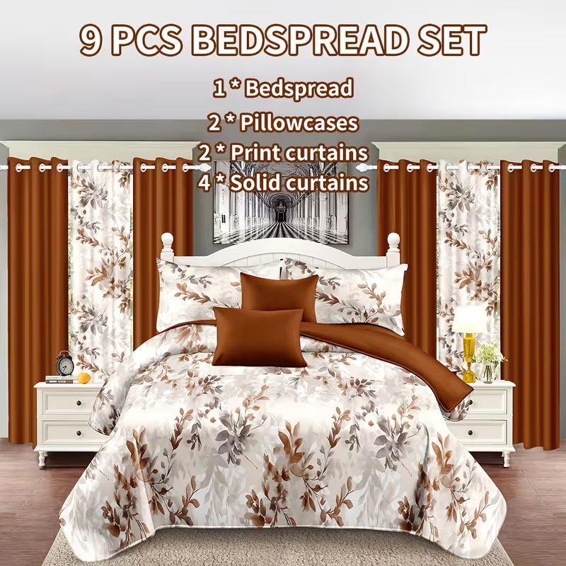 9-Piece Orange Leaf Print Bedding Set with Matching Curtains – Machine-Washable Polyester