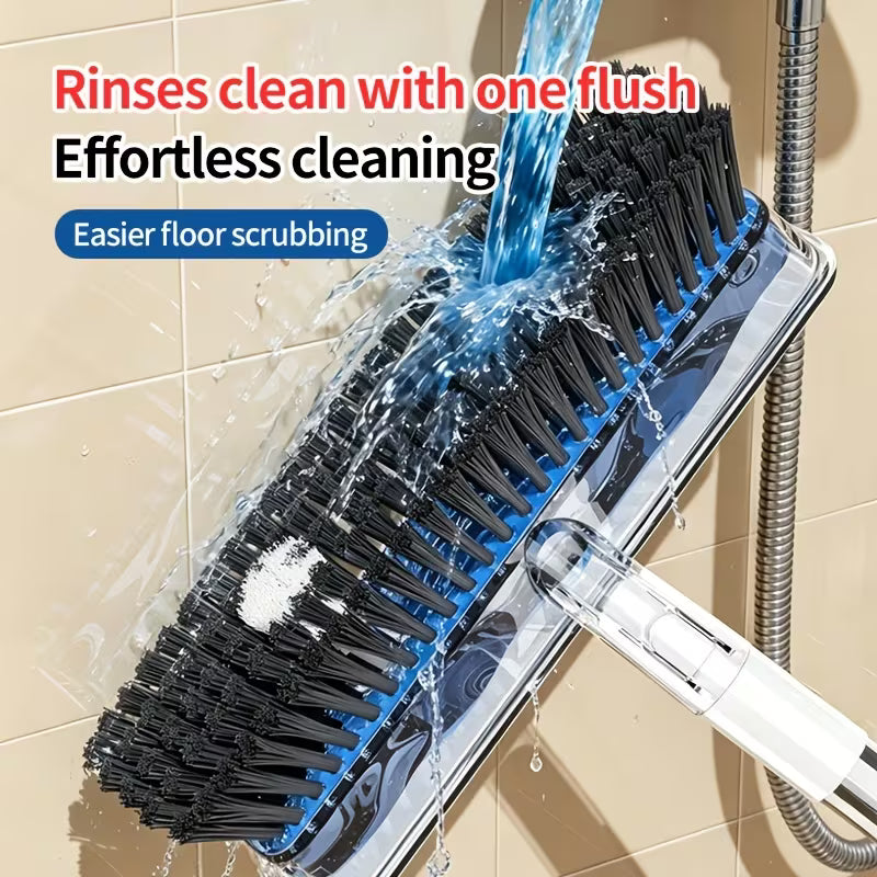 Extendable Long-Handle Floor Scrub Brush with Built-In Liquid Reservoir, Stiff Bristles & Flexible Squeegee for Bathroom, Tile & Floor Cleaning