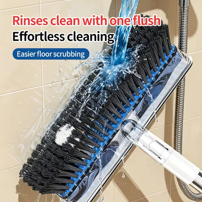 Extendable Long-Handle Floor Scrub Brush with Built-In Liquid Reservoir, Stiff Bristles & Flexible Squeegee for Bathroom, Tile & Floor Cleaning