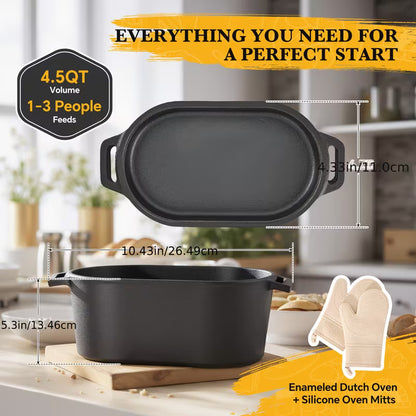 4.5 Qt Oval Dutch Oven with Lid and Heat-Resistant Oven Mitt, Pre-Seasoned Cast Iron Pot for Sourdough Bread Baking, Braising, Roasting & Stovetop Cooking