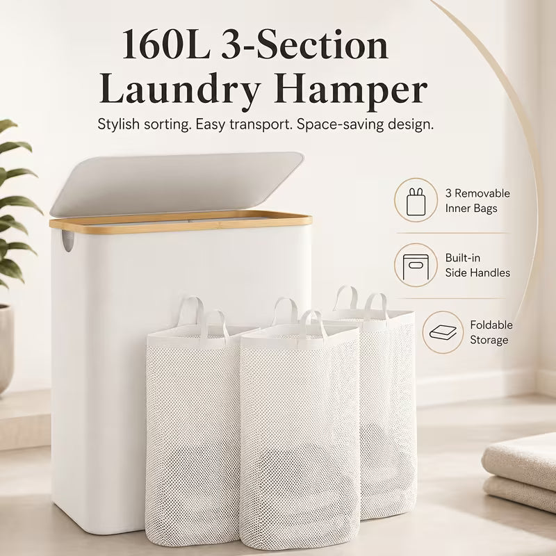 160L 3-Section Laundry Hamper with Lid – Large Capacity Laundry Sorter with 3 Removable Washable Bags & 5 Sorting Labels
