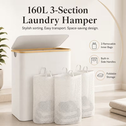 160L 3-Section Laundry Hamper with Lid – Large Capacity Laundry Sorter with 3 Removable Washable Bags & 5 Sorting Labels