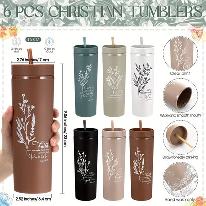 6-Piece Christian Gift Set for Women, Bible Verse Skinny Tumbler with Lid and Straw, Cosmetic Bag, Compact Mirror and Religious Accessories, Inspirational Gift Set for Mom, Teacher, Nurse, Godmother and Church Friends