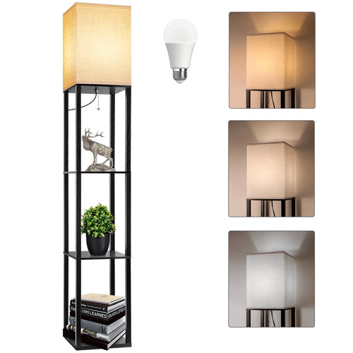 63" Shelf Floor Lamps with Shelves for Living Room Bedroom Office  Wood Modern Standing Lamps Black