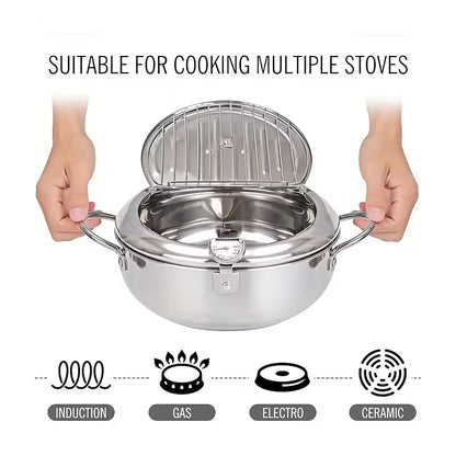 Stainless Steel Japanese Deep Fryer Pan with Thermometer – Induction Compatible Frying Pot for Home Kitchen
