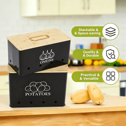 2-Pack Potato & Onion Storage Bins with Bamboo Lids