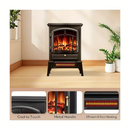 Portable Electric Fireplace Stove Heater, 5100 BTU, 1000W/1500W Adjustable Heat, Thermostat & Realistic Flame Effect