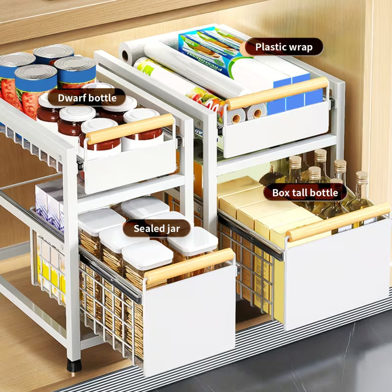 1/2-Tier Sliding Pull-Out Storage Organizer for Kitchen & Bathroom