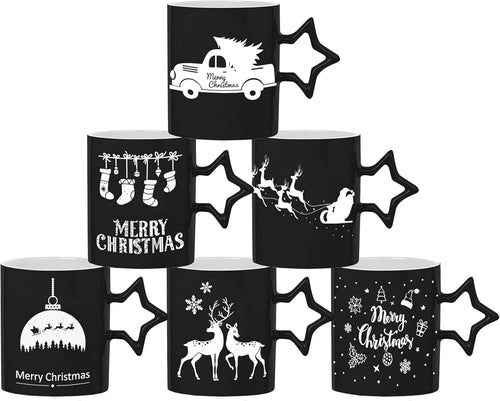 Black Coffee Mugs with Star Handle - Set of 6 Large 14 Ounce New Year Holidays Novelty Cups - Decorative DIY Mugs for Hot Chocolate Gift Sets