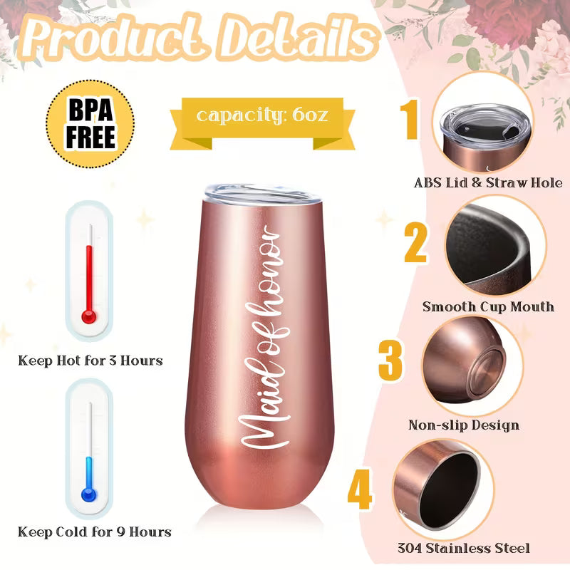 34-Piece Bridesmaid Proposal Gift Set, 5 Proposal Boxes, 6 Wine Tumblers, 6 Love Knot Bracelets, 6 Pens, 5 Bridesmaid Cards and Hair Ties, Elegant Rose Gold Wedding Party Gift Set