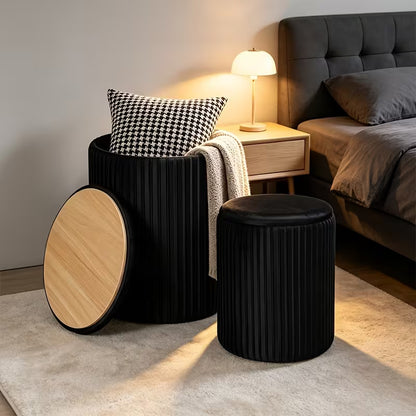 2-Piece Modern Bohemian Round Storage Stools with Hidden Shoe Storage