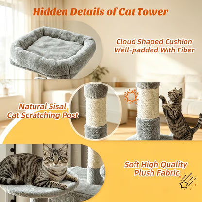 44-Inch Multi-Level Cat Tree with Natural Sisal Scratching Posts, Large Hammock & Enclosed