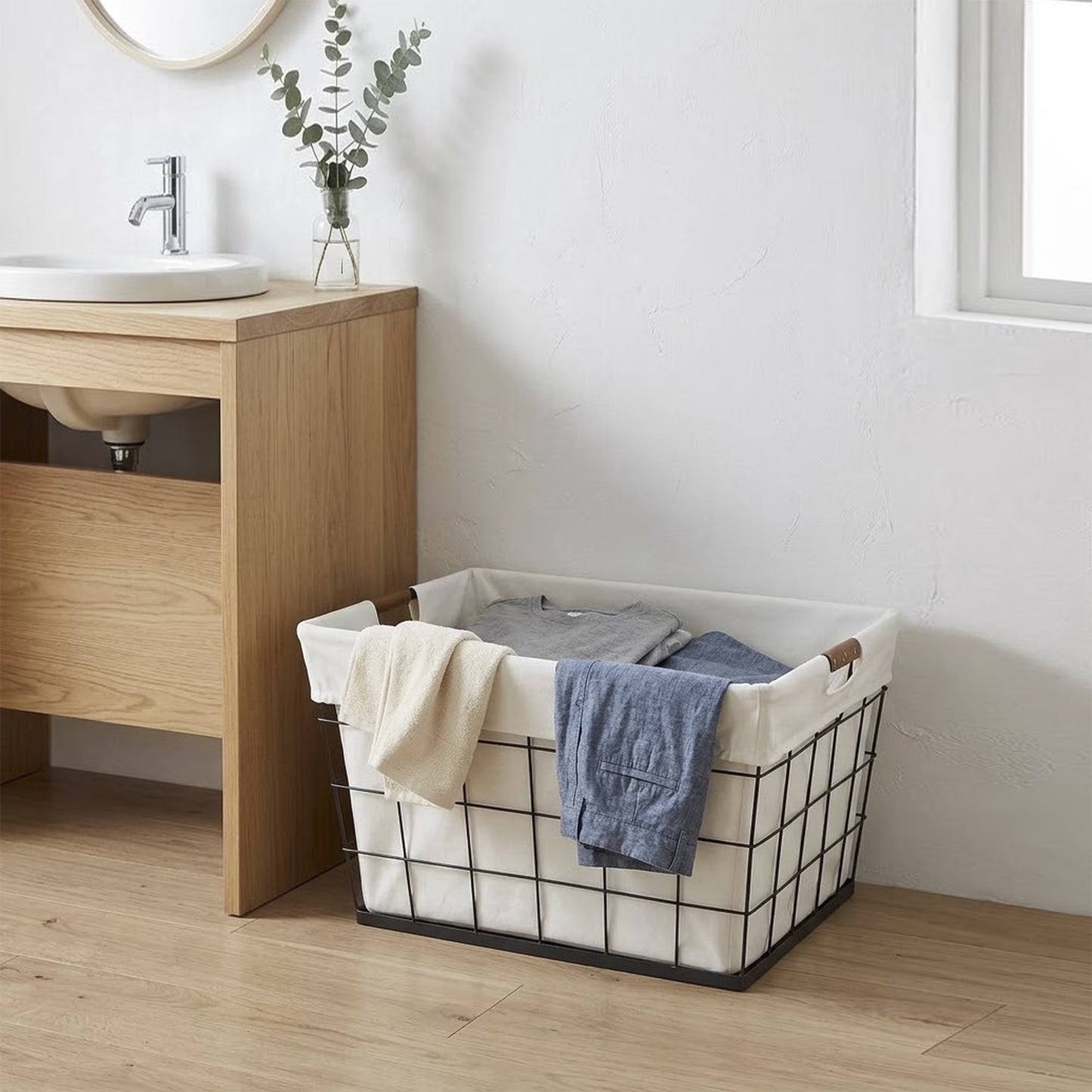 60L Rectangular Steel Wire Laundry Basket with Removable Cotton-Blend Liner, Black & Natural