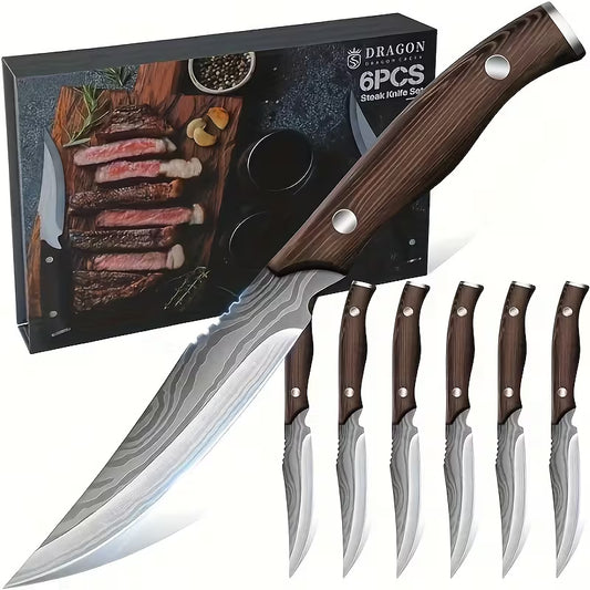 6-Piece 5-Inch Serrated Steak Knife Set with Wooden Handles, Stainless Steel Dinner Knives in Gift Box