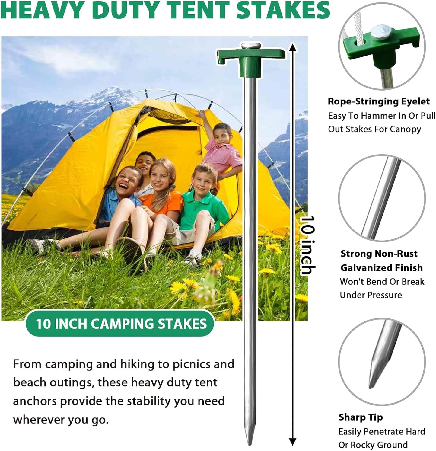 USA 10-Pack Secure Protection Galvanized Tent Stakes,Rust-Proof Steel Canopy Anchors for High Winds,Heavy Duty Commercial Ground Pegs for Camping,Pop up Tents&Gazebos - Includes 4X10Ft Ropes
