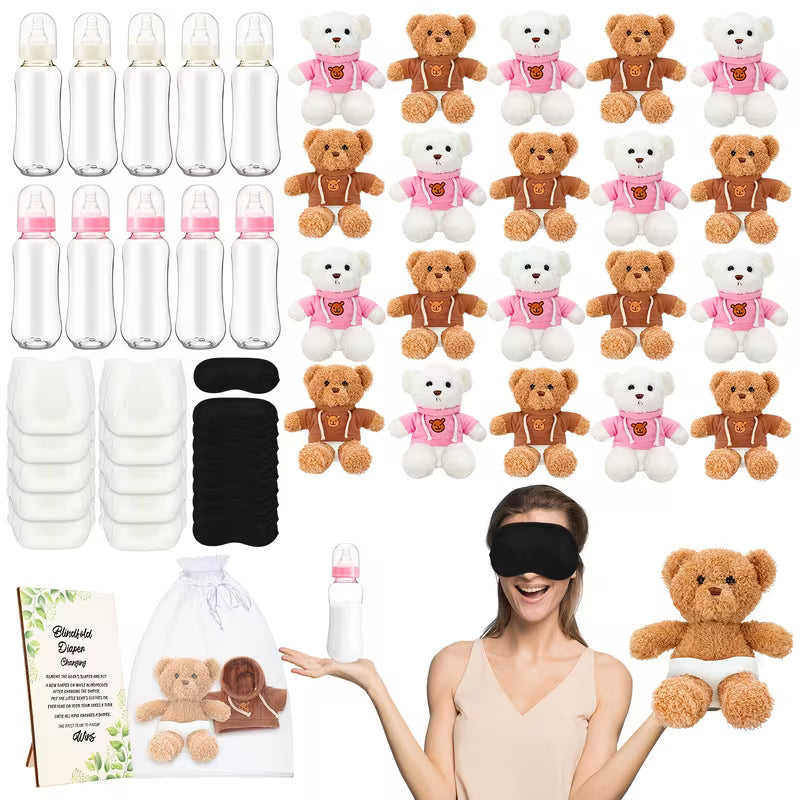 61-Piece Bear Blindfolded Diaper Changing Baby Shower Game Set, Baby Bottle Chug Challenge Kit with Plush Bears, Diapers and Party Accessories for Gender Reveal, Baby Shower and Party Games