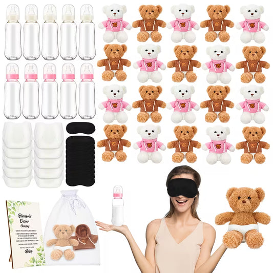 61-Piece Bear Blindfolded Diaper Changing Baby Shower Game Set, Baby Bottle Chug Challenge Kit with Plush Bears, Diapers and Party Accessories for Gender Reveal, Baby Shower and Party Games