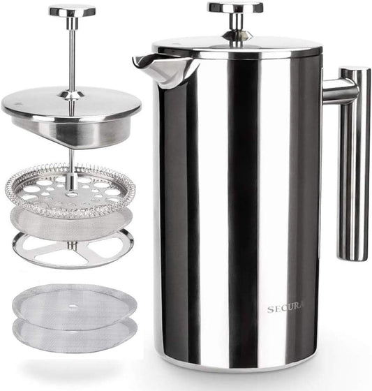 French Press Coffee Maker, 304 Grade Stainless Steel Insulated Coffee Press with 2 Extra Screens, 34Oz (1 Litre), Silver