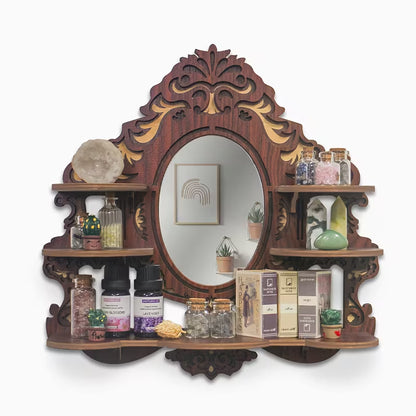 Wall-Mounted Shelf with Mirror, Multi-Functional Crystal Display Organizer, Space-Saving Wooden Wall Décor for Entryway & Bathroom