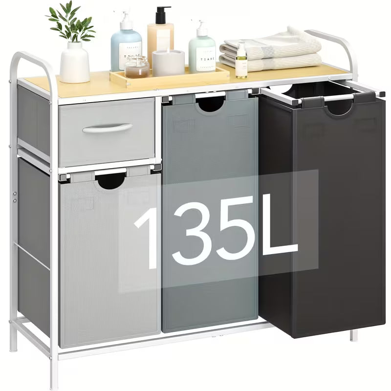 35.7 Gallon 3-Section Laundry Sorter with Shelf & Drawer