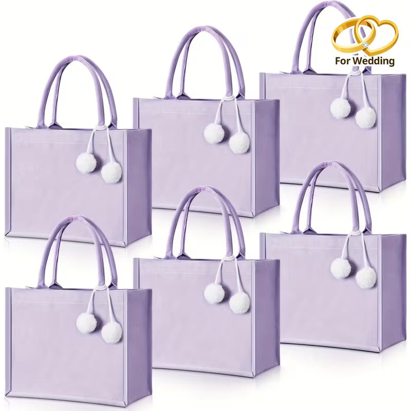6-Piece Blank Canvas Tote Bag Set with Plush Balls and Handles, DIY Craft Bags for Halloween, Weddings, Bridesmaid Parties, Beach Trips and Everyday Use