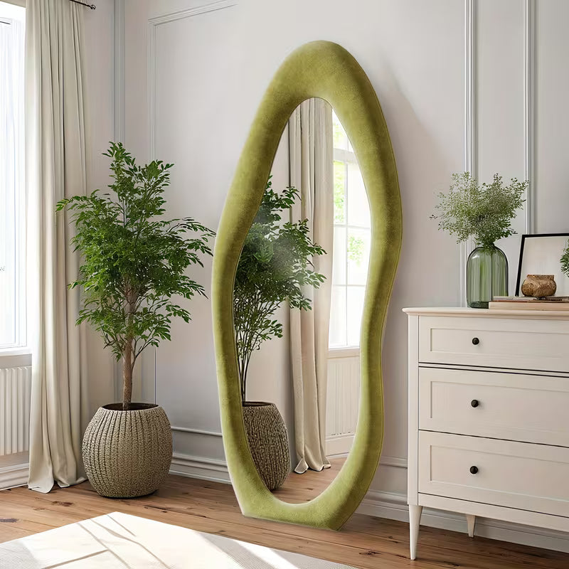 63" x 24" Irregular Full-Length Mirror – Full Body Floor & Wall-Mounted Mirror with Ivory Flannel Frame