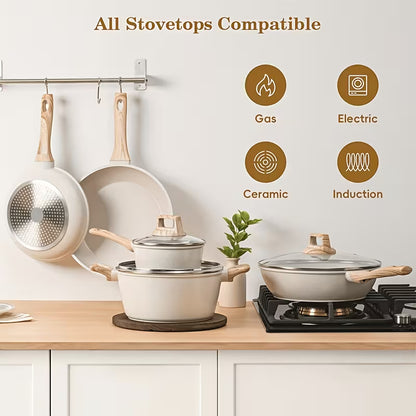 12-Piece Non-Stick Granite Cookware Set, Pots and Pans with Lids, Frying Pans, Saucepan & Pan Protectors, Induction-Compatible Cookware