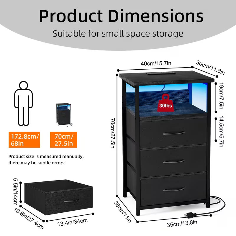 Nightstand with Charging Station, 3 Drawers & Storage Shelf