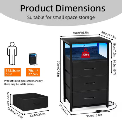 Nightstand with Charging Station, 3 Drawers & Storage Shelf
