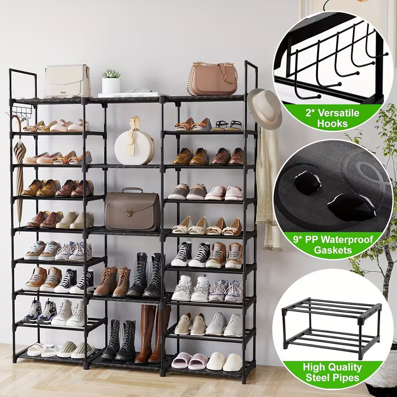9-Tier Shoe Rack Organizer with Hooks, Stackable Metal Shoe Storage Shelf for Entryway, Bedroom, Closet & Hallway