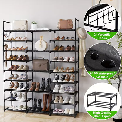 9-Tier Shoe Rack Organizer with Hooks, Stackable Metal Shoe Storage Shelf for Entryway, Bedroom, Closet & Hallway