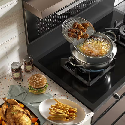 Stainless Steel Japanese Deep Fryer Pan with Thermometer – Induction Compatible Frying Pot for Home Kitchen