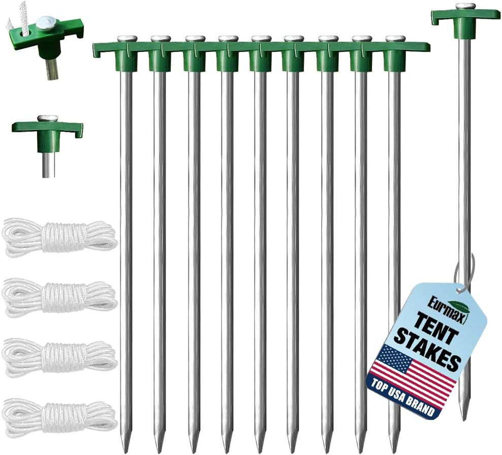 USA 10-Pack Secure Protection Galvanized Tent Stakes,Rust-Proof Steel Canopy Anchors for High Winds,Heavy Duty Commercial Ground Pegs for Camping,Pop up Tents&Gazebos - Includes 4X10Ft Ropes