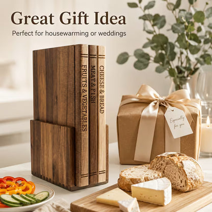 3-Piece Acacia Wood Cutting Board Set with Stand – Decorative Book-Style Chopping Boards for Kitchen