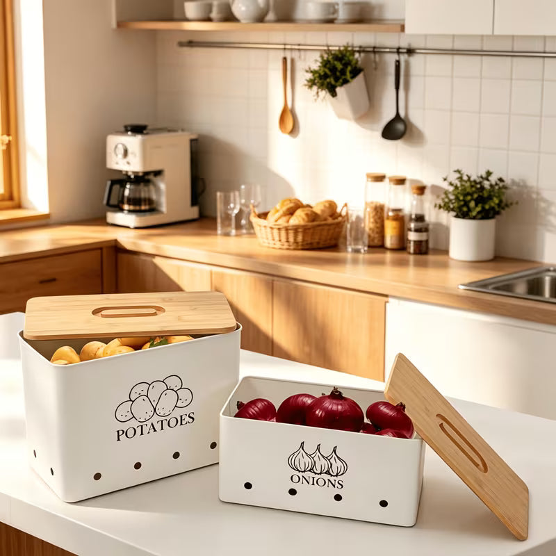 2-Pack Potato & Onion Storage Bins with Bamboo Lids