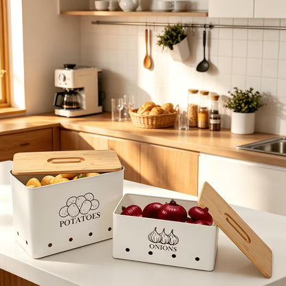 2-Pack Potato & Onion Storage Bins with Bamboo Lids