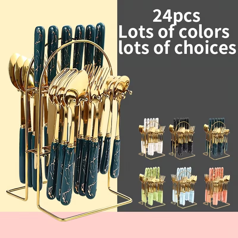 24-Piece Stainless Steel Tableware Set with Short Ceramic Handles – Elegant Dinner Knives & Dessert Spoons for Home, Restaurant & Hotel