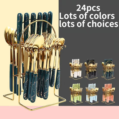 24-Piece Stainless Steel Tableware Set with Short Ceramic Handles – Elegant Dinner Knives & Dessert Spoons for Home, Restaurant & Hotel