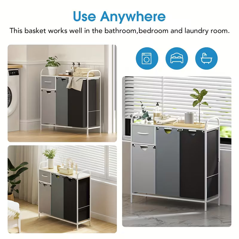 35.7 Gallon 3-Section Laundry Sorter with Shelf & Drawer