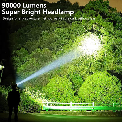 Adult LED Rechargeable Headlamp, 90000 Lumens Super Bright Headlamp Torch 90° Adjustable 4 Modes IPX5 Waterproof USB Rechargeable Headlamp for Camping