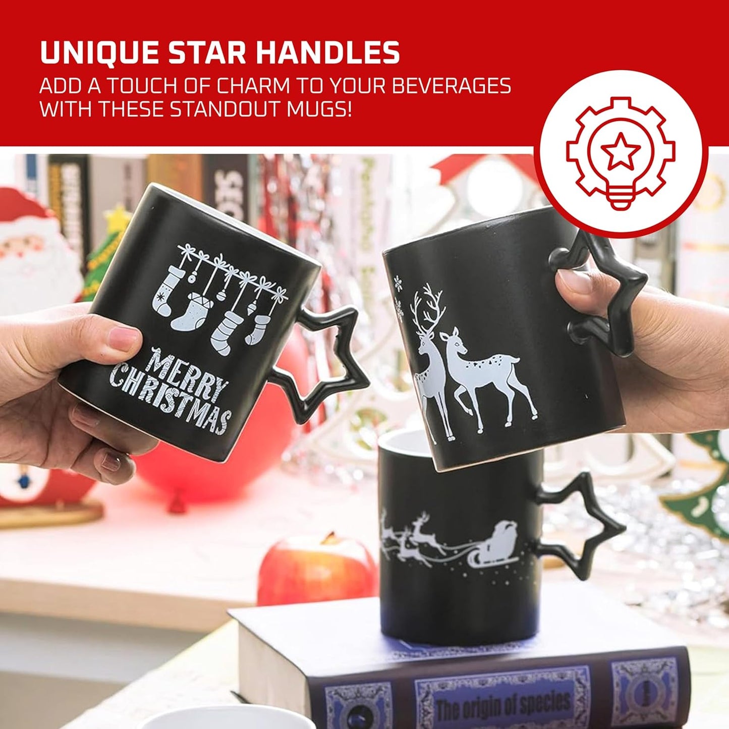 Black Coffee Mugs with Star Handle - Set of 6 Large 14 Ounce New Year Holidays Novelty Cups - Decorative DIY Mugs for Hot Chocolate Gift Sets