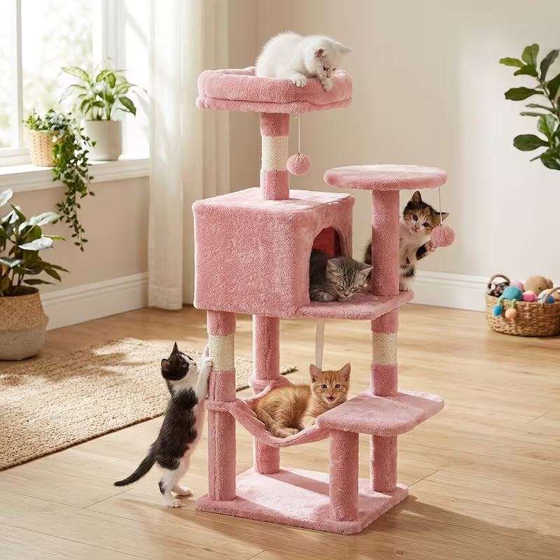 44-Inch Multi-Level Cat Tree with Natural Sisal Scratching Posts, Large Hammock & Enclosed
