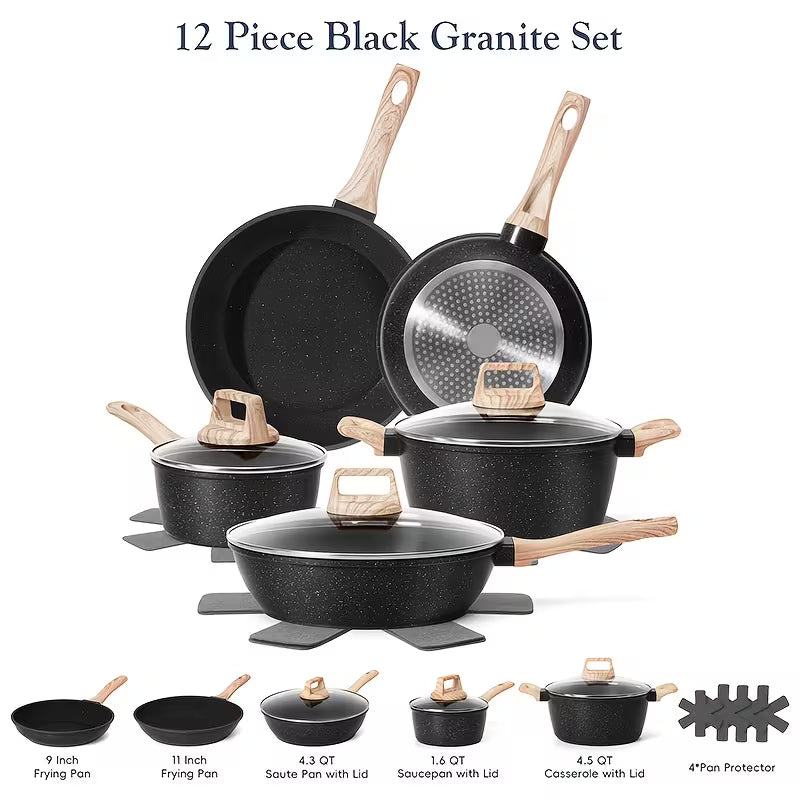 12-Piece Non-Stick Granite Cookware Set, Pots and Pans with Lids, Frying Pans, Saucepan & Pan Protectors, Induction-Compatible Cookware