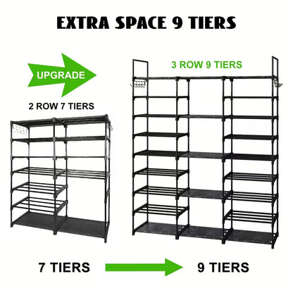 9-Tier Shoe Rack Organizer with Hooks, Stackable Metal Shoe Storage Shelf for Entryway, Bedroom, Closet & Hallway