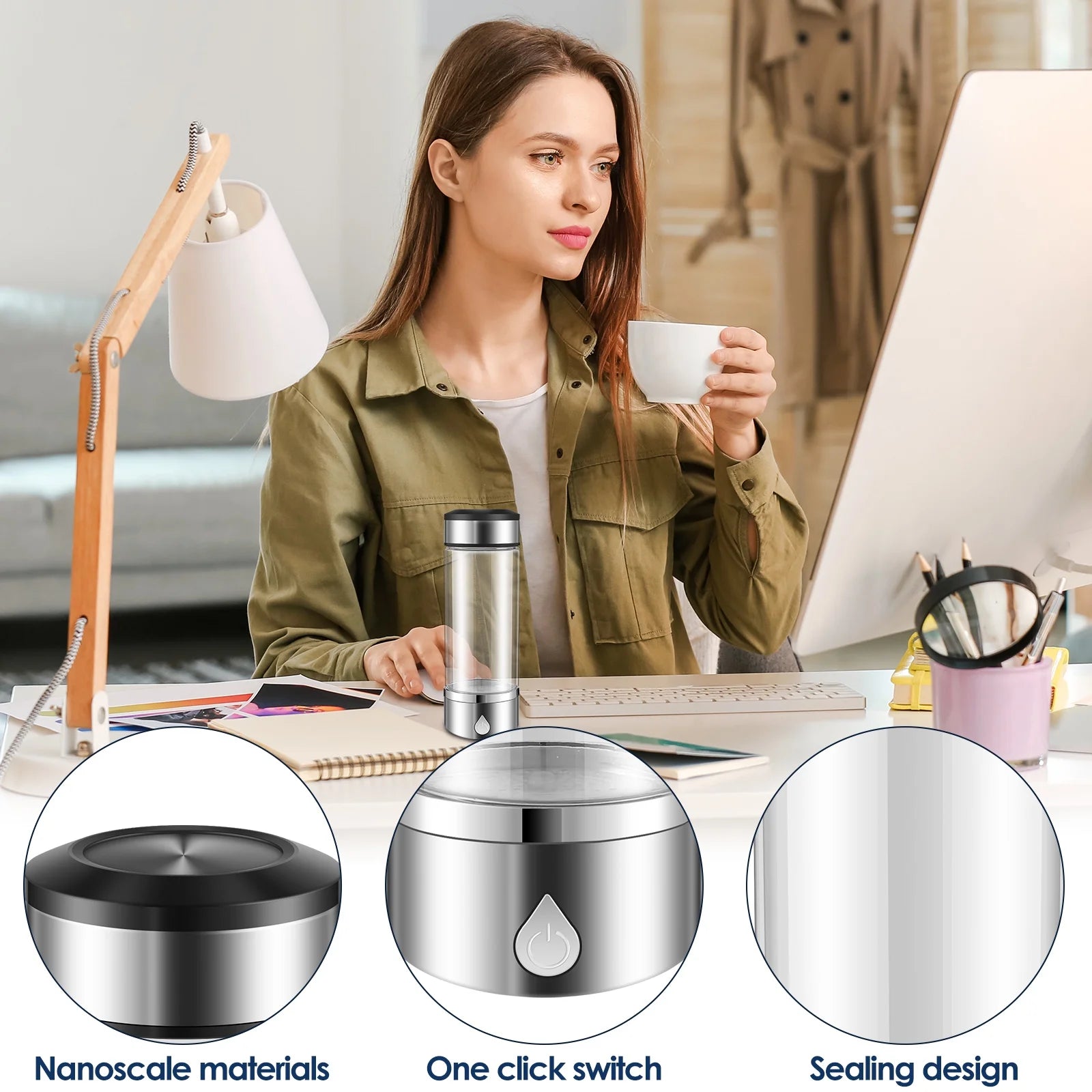 12Oz Hydrogen Water Bottle Generator SPE PEM Tech Portable Hydrogen Water Maker Bpa-Free Ionizer Machine Cup for Fitness Office Travel