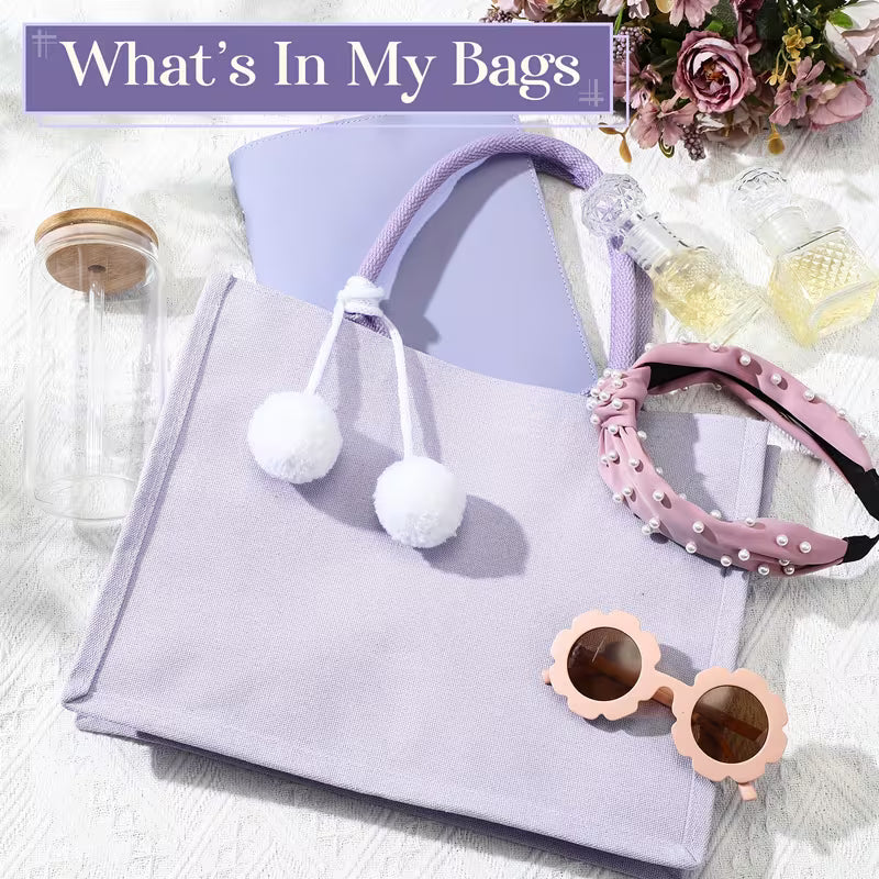 6-Piece Blank Canvas Tote Bag Set with Plush Balls and Handles, DIY Craft Bags for Halloween, Weddings, Bridesmaid Parties, Beach Trips and Everyday Use
