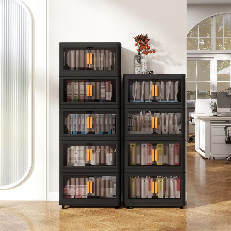 4-Tier / 5-Tier Collapsible Storage Organizer with Double Doors, Stackable Plastic Storage Cabinet on 360° Rotatable Lockable Wheels
